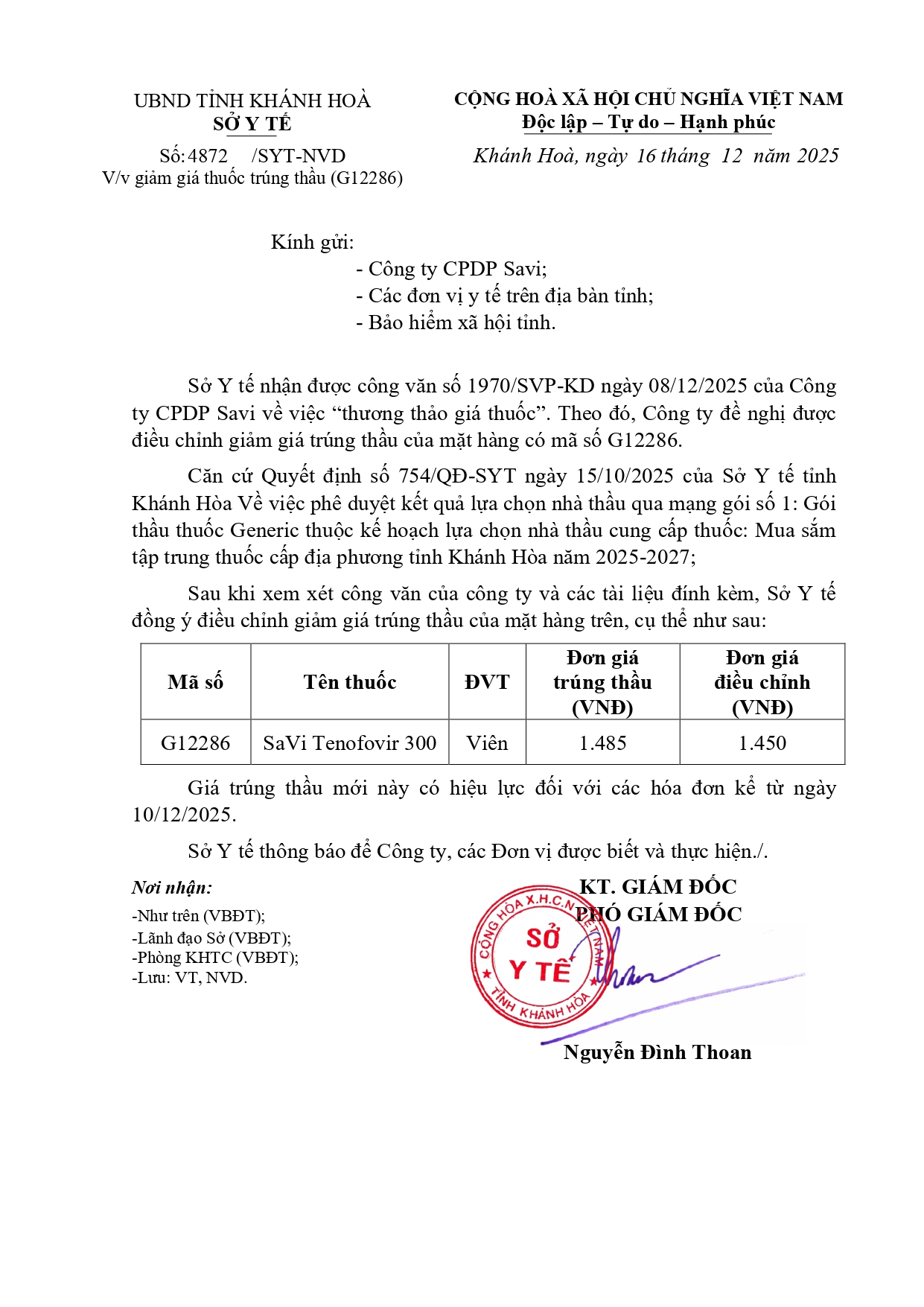 V/v giảm giá thuốc trúng thầu (G12286)